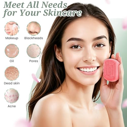 Silicone Back & Face Scrubber & Bath Glove Set 3PCS, 13.4'' Gentle Back Scrubber with Dual-Side Head, 360° Anti-Slip Bath Glove, Unique Side-bristled Face Scrubber for All-Round Cleaning(Pink) - color: Pink*3