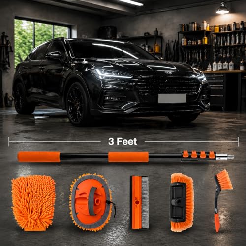 Car Washing Kits with 12 FT Telescoping Pole, Cleaning Chenille Mop, Soft Bristles Wash Brush, Window Squeegee, Waterproof Glove, Wheel Brush Extension Wash Detailing for RV, Truck, Boat, House Siding
