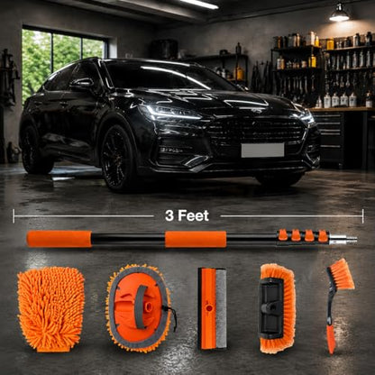 Car Washing Kits with 12 FT Telescoping Pole, Cleaning Chenille Mop, Soft Bristles Wash Brush, Window Squeegee, Waterproof Glove, Wheel Brush Extension Wash Detailing for RV, Truck, Boat, House Siding