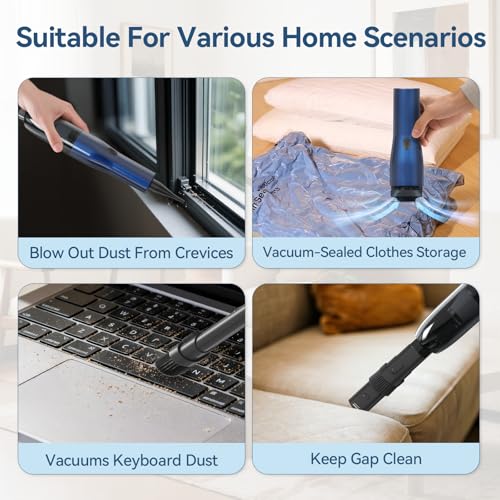 Handheld Vacuum Car Vacuum, 2 in 1 Air Duster Mini Vacuum Cleaner Small Portable Rechargeable Car Seats, Home, Quick Cleanup, Strong Suction, Lightweight, Includes Crevice Nozzle & Brush -H2 - color: Blue Gray, style: H2 2-in-1 Air Duster/Blower