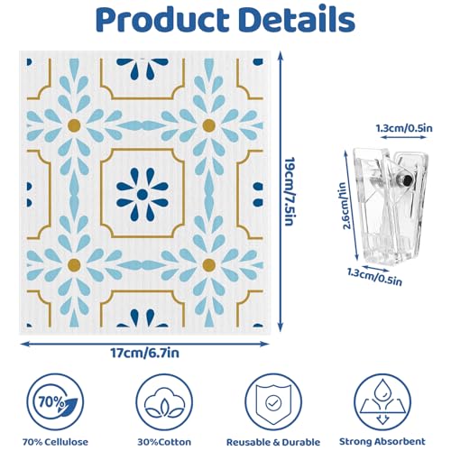 Needbrock 6 Pack Swedish Dishcloths for Kitchen,Swedish Rags Dish Towels with Clips, Reusable Paper Towels Washable Absorbent Cellulose Sponge Cloths for Countertop Dishes Sink Kitchen - color: Geometric Style