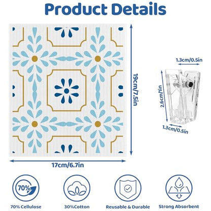 Needbrock 6 Pack Swedish Dishcloths for Kitchen,Swedish Rags Dish Towels with Clips, Reusable Paper Towels Washable Absorbent Cellulose Sponge Cloths for Countertop Dishes Sink Kitchen - color: Geometric Style