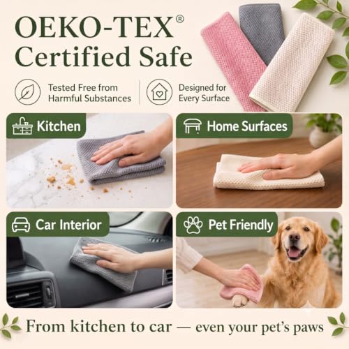 Solyra Non-Toxic Microfiber Cleaning Cloths, 6 Pack, 12 x 12 in | OEKO-TEX Certified, Safe for Family & Pets, Lint-Free, Absorbent Kitchen Rags for Counters
