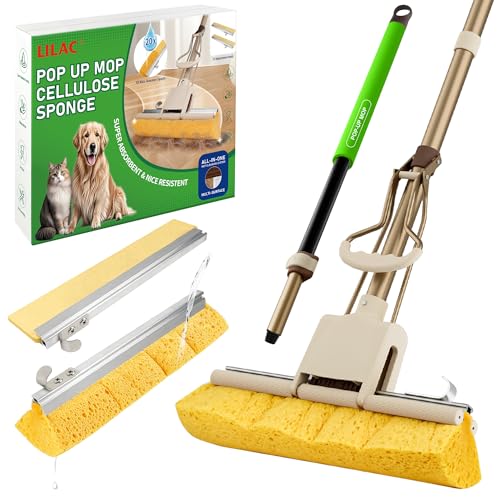 LILAC Cellulose Sponge with 2 Replacement Sponge Heads, 4-Color Handle Choices for Zoned Cleaning, Super Absorbent Pop Up Roller Mop Sponge for Hardwood,Laminate Floors (Green Hand) - size: green hand