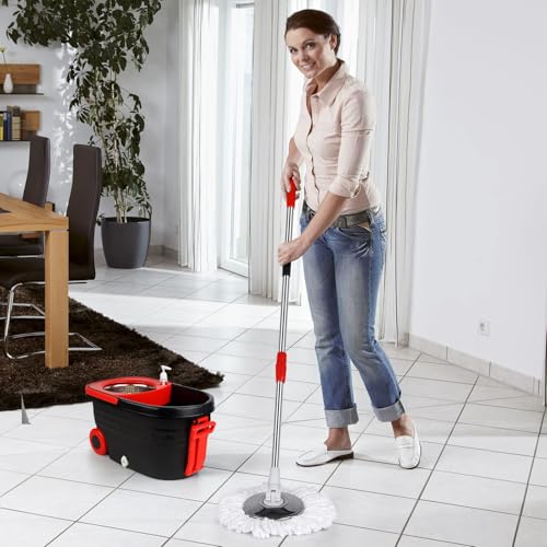 Spin Mop and Bucket with Wringer Set on Wheels, 360 Spinning Mop with Stainless Steel Handle for All Hard Surfaces, Floor Cleaning System with 3 Microfiber Replacement Heads, Black/Red - color: Black/Red
