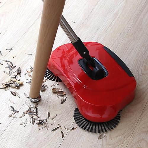 Hand pash Floor sweepar - Non Electric Vacuum Broom, Adjustable Handle Carpet sweepar, Compact Dust Collector | Manual pash Cleaner for Hardwood Tile Laminate Rugs, Pet Hair Removal, Home Cleaning Too - color: Red