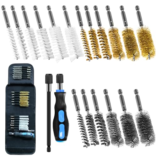 18Pcs Wire Brush Drill Attachments, Nylon, Brass, Stainless Steel Wire Brush Bore Cleaning Brush Set for Power Drill Impact Driver,Abrasive Drill Wire Brush with 1/4" Hex Shank and Tool Bag - style: Nylon, Brass, Stainless Steel