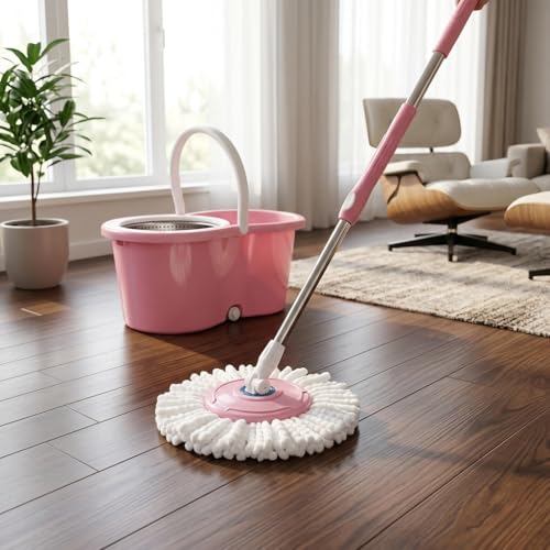 Universal Spin Mop and Bucket System with Stainless Steel Wringer - Heavy-Duty Floor Cleaning Kit Includes 4 Microfiber Mop Head Refills and Extendable Handle, Pink and White, Single Pack