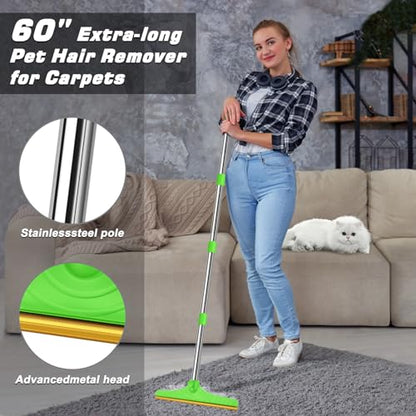 B-Land Carpet Rake for Pet Hair Removal, Reusable Pet Hair Remover with 60” Adjustable Long Handle, Carpet Scraper Dog Cat Hair Remover Tool for Rugs, Mats, Couch, Furniture Green - color: Green