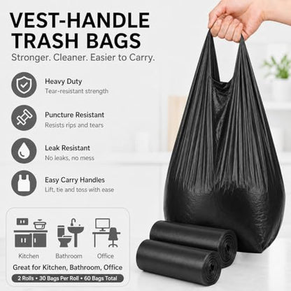 Trash Bags Small Garbage Bags with Handle 2 Rolls 60 Count Strong Kitchen Bathroom Waste Bags Leak Resistant Disposable Bin Liners Black - color: Black