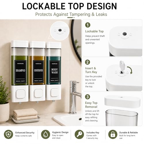 Shampoo and Conditioner Dispenser, Shower Shampoo Dispenser 3 Chamber No Drill, Shampoo and Conditioner Bottles for Bathroom Hotel Large Capacity(White) - color: White