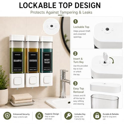 Shampoo and Conditioner Dispenser, Shower Shampoo Dispenser 3 Chamber No Drill, Shampoo and Conditioner Bottles for Bathroom Hotel Large Capacity(White) - color: White