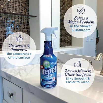 Clean-X REPEL Glass & Surface Cleaner 32 fl. oz. - Cleans & Repels water spots and dirt on glass, mirror, tile and multi surface by UNELKO (2) - color: 2