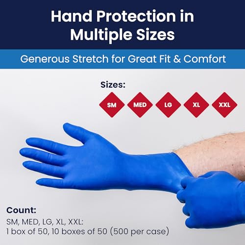 Adenna HERO Disposable Latex Gloves - 14 Mil, NFPA-Approved Heavy Duty Glove with 12" Extended Cuff & Micro-Textured Grip, Exam Grade, Powder Free, Case of 500, X-Large, Blue - size: X-Large (Case of 500)
