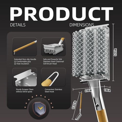 HOUSE AGAIN Grill Brush and Scraper Bristle Free with 3 Replacement Head 304 Stainless Steel Food-Grade Grill Accessories, Safe BBQ Cleaner Brush Strong Barbecue Cleaning Brush for Outdoor Grill Grate - style: Wood+3 replacement head