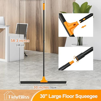TidyBliss 30” Large Floor Squeegee Broom, Heavy Duty Rubber Foam Water Scraper, Epoxy Wiper Mop with 58.3 inches Long Handle for Cleaning Concrete Pool Rug Garage Deck Shower Window Outdoor (Orange)