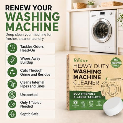 Renuv® Heavy Duty Washing Machine Cleaner & Descaler & Deodorizer Tablets | Deep Cleaning Tablets Remove Residue, Grime Buildup, Front Load or Top Load Washer, HE and Septic Safe, 6 Month Supply - style: 6 XL Tablets (6 Months)