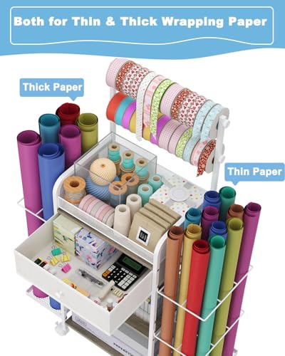 Rsaayekkt Rolling Wrapping Paper Storage Cart with Fabric Drawer White | Vertical gift wrapping organizer storage, fits 12x12 scrapbook paper, heavy duty craft cart with wheels, space saving station - color: White-bilateral