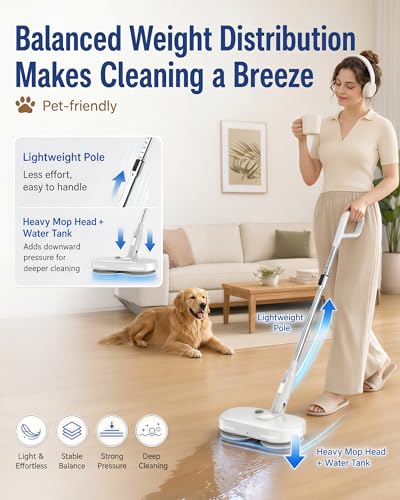 Buways Cordless Electric Mop, Self-Propelled Electric Spin Mop, Gravity Assist Pressure, 8000mAh Battery, LED Light & Water Spray, for Hardwood, Tile & Laminate Floors