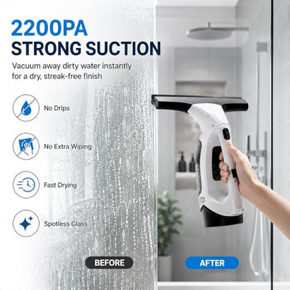 Cordless Window Vacuum Squeegee, Electric Glass Cleaner with Spray Bottle & Microfiber Pad, 2200Pa Suction, 11” Wide Blade for Streak-Free Shower Doors, Mirror, Tile, Car Windows (No Telescopic Rod)