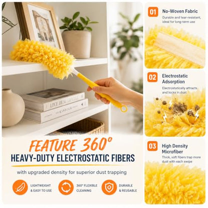 52 Pcs Disposable Duster Refills, 360° Heavy Duty Duster Dusting Replacement Heads with Electrostatic Adsorption, 5X Microfibers Dusters with 2 Handle for Home, Ceiling Fan, Furniture, Office