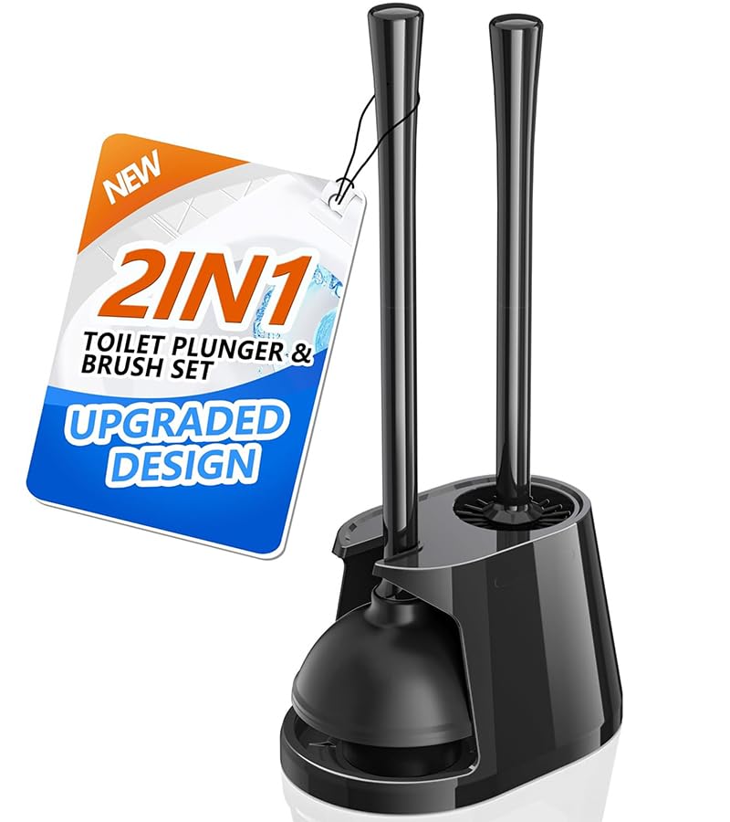 Toilet Plunger and Brush Set, Bowl Brush and Heavy Duty Toilet Plunger with Ventilated Holder, 2-in-1 Toilet Brush and Plunger Combo for Bathroom Deeply Cleaning（Black - color: Black01