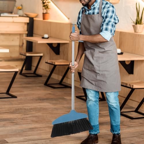 Soft Bristle Broom with Long Stainless Steel Handle, Indoor Outdoor Floor Sweeping Tool for Home Kitchen Office, Blue Non-Stick Hair Cleaning Household Sweeper