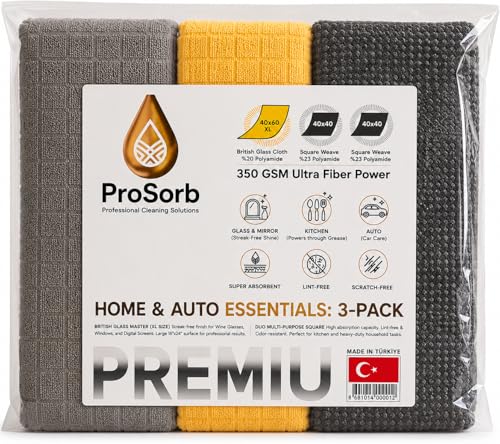 Premium Microfiber Cleaning Cloths, 3-Pack - 1 XL Glass Cleaning Cloth (16”x24”), 2 Waffle Weave Microfiber Cloths (16”x16”), Ultra Absorbent, Lint-Free, Streak-Free & Reusable