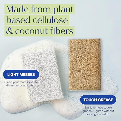 Fab Tab Coconut and Cellulose Sponges, Plant-Based, Non-Scratch Cleaning Sponges for Dishes, Sinks, Stoves, Countertops, Odorless Kitchen Sponge, Reusable, Dishwasher Safe 6-Count