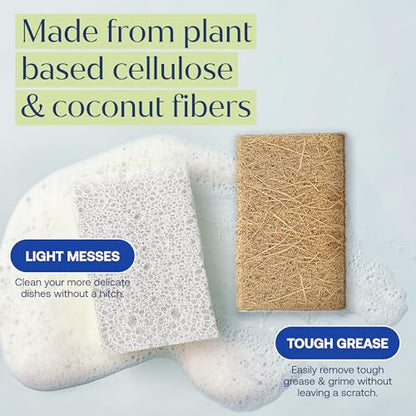 Fab Tab Coconut and Cellulose Sponges, Plant-Based, Non-Scratch Cleaning Sponges for Dishes, Sinks, Stoves, Countertops, Odorless Kitchen Sponge, Reusable, Dishwasher Safe 6-Count