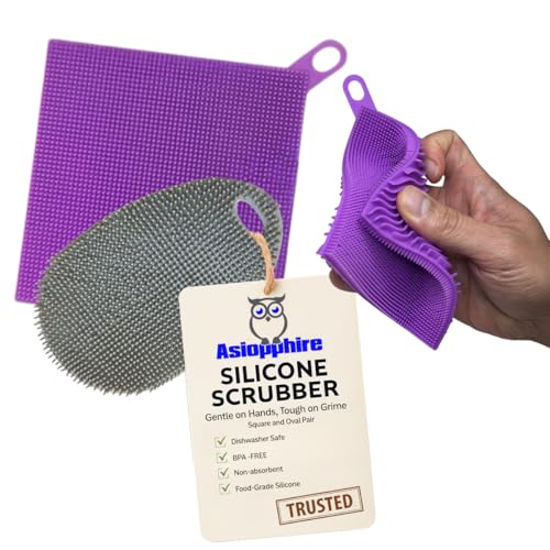 Silicone Dish Sponge Dish Scrubber (Oval and Square) - Dual-Sided, Food Grade Silicone Sponges for Dishes and Housecleaning 2-Pack - color: 2 Pack Grey + Purple