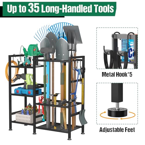 keomaisyto Garden Tool Organizer for Garage Organization, 3 Tier Yard Tool Storage Rack with 35 Long-Handled Tool Slots, Heavy Duty Garden Tool Holder with Large Hooks for Shed, Yard, Garage - size: Extra Large-no Wheels