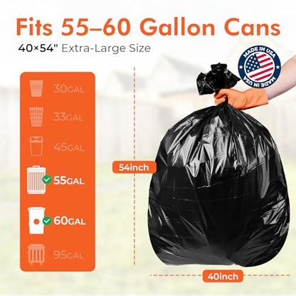 Delxo 55-60 Gallon Trash Bags, 150 Count, 40×54'' Large Black Garbage Bags – Light-to-Medium Duty Star-Seal Can Liners for Commercial, Lawn and Leaf Bags – Bulk Value Pack, Made in USA - color: 60Gal-150Ct(Black)