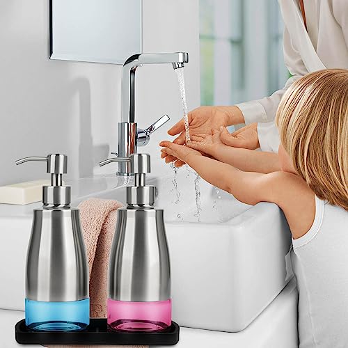 Gaussra Kitchen Soap Dispenser Set with Silicone Tray and Stickers - Brushed Nickel, Stainless Steel Glass Soap Dispenser Bathroom, Refillable Hand Dish Dispenser for Kitchen Sink - color: Brushed Nickel 2 & Tray