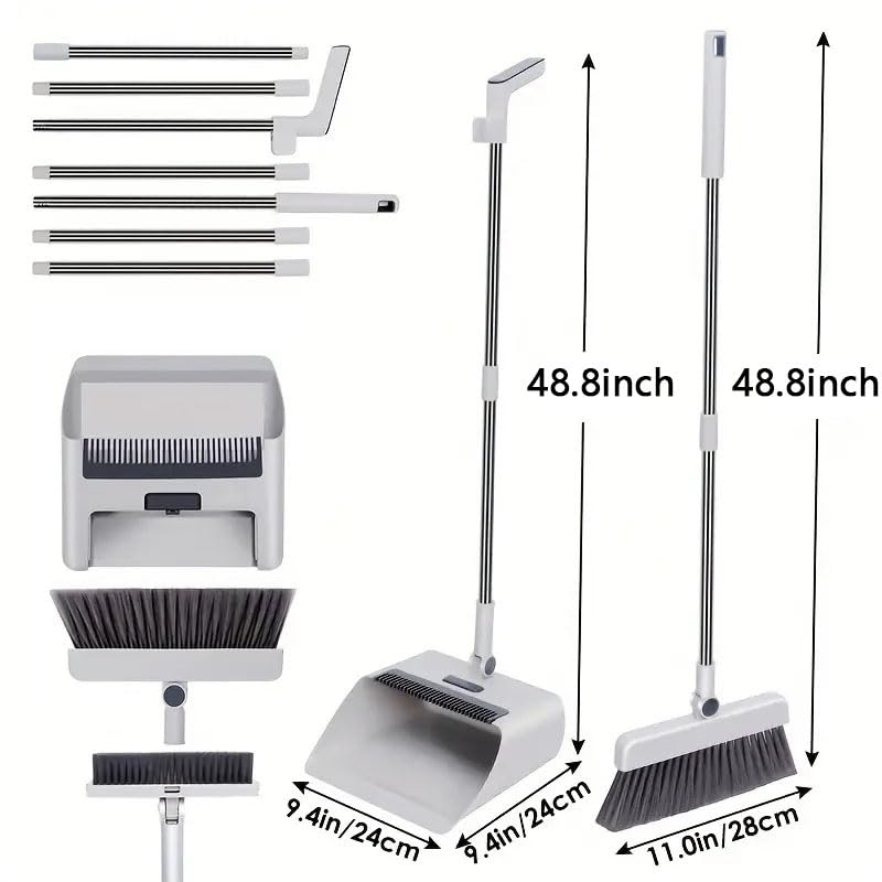 Broom with Dustpan Combo Set, 3 in 1 for Sweeping Indoor and Push Broom Outdoor with Dust Pan, 14.2 to 48.8 inch Adjustable Long Handle Broom and Dustpan Set (White)