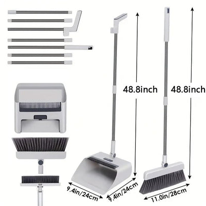 Broom with Dustpan Combo Set, 3 in 1 for Sweeping Indoor and Push Broom Outdoor with Dust Pan, 14.2 to 48.8 inch Adjustable Long Handle Broom and Dustpan Set (White)