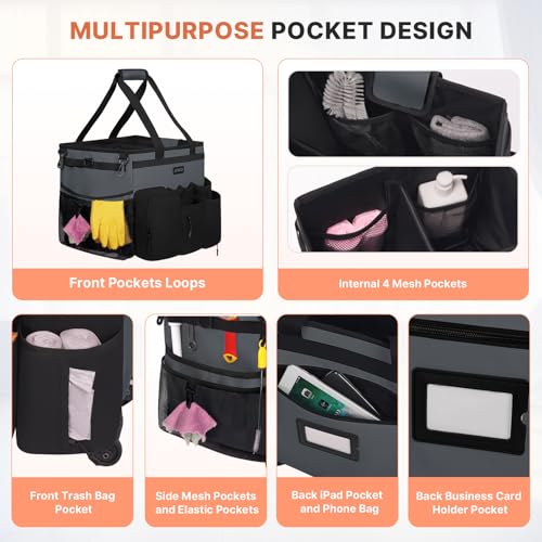 JKAOO Large Rolling Cleaning Caddy Bag with Detachable Trolley, Gray | Waterproof Cleaning Caddy with Wheels, 40L Wheeled Organizer Cart for Supplies, Housekeepers, Home, Office, Car, Picnic - color: Gray