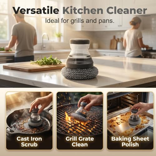 Comfort Grip Soap Dispensing Kitchen Scrub Brush, Dish Brush with Soap Dispenser & Handle, Extra Strong Scrubbing for Stubborn Residue on Pots Pans & BBQ Grill (5pcs Brush Heads + Handle) - color: 5pcs Brush Heads + Handle