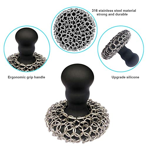 316 Upgraded Chainmail Scrubber with Silicone Handle Cast Iron Cleaner for Cast Iron Grill Pan Skillet Wok Bakeware Ergonomic to Hold Easy to Use Dishwasher Safe, Scrubber + Scraper + Towel (Black) - color: Black