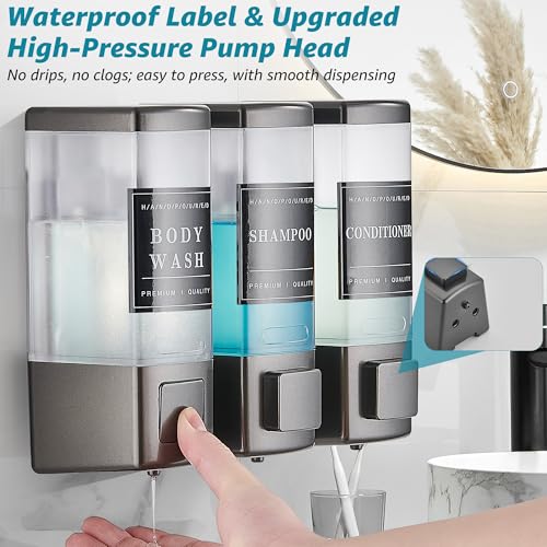 Shampoo and Conditioner Dispenser for Shower,3 Chamber, Grey | Wall Mounted, No Drill, 3×16.9oz,ABS Plastic Material,Refillable With Labels, For Bathroom Hotel - color: Gray