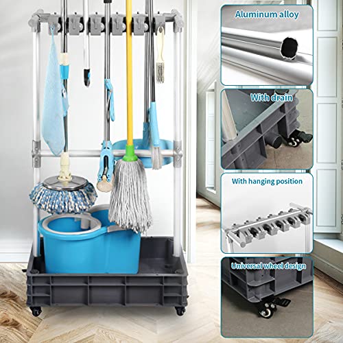 Broom And Mop Holder Put Wet Mops Movable Floor-Mounted Mop Rack Floor Standing Cleaning Tool Cart Storage For Garden Garage Schools, Hospitals, Factories, Hotels,Property Companies (12racks) - size: 12racks