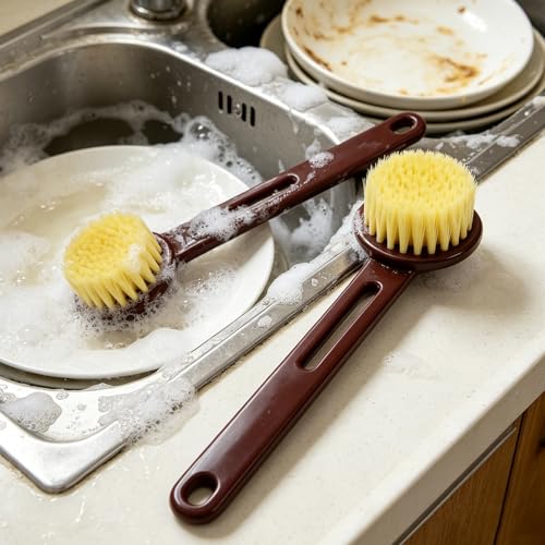 2 Pack Dish Brush with Handle, Stiff Bristles Dish Scrubber, Labor-Saving Kitchen Brush for Dishes, Pots, Pans and Sink Cleaning(Brown) - color: Brown
