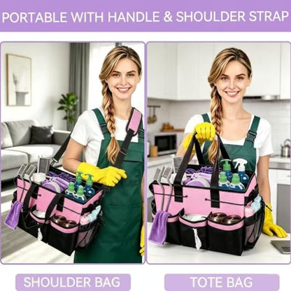 Wearable Cleaning Caddy Organizer with Handle & Adjustable Shoulder Strap 4 Foldable Compartments, Cleaning Supplies Caddy for Housekeepers, Car, Home, Hotel & Outdoor Cleaning Bag（Pink）