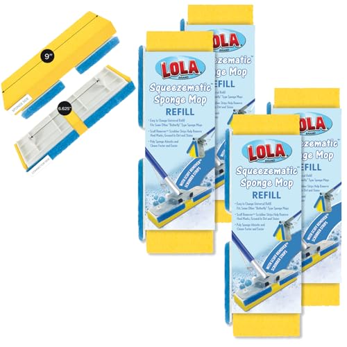 LOLA Squeeze Matic Butterfly Sponge Mop Refill, 9", 4 Pack Replacement Head, Floor Cleaning, Comparable w/Quickie Type S Sponge Mop Refill - size: 4 Pack, style: Foam Sponge