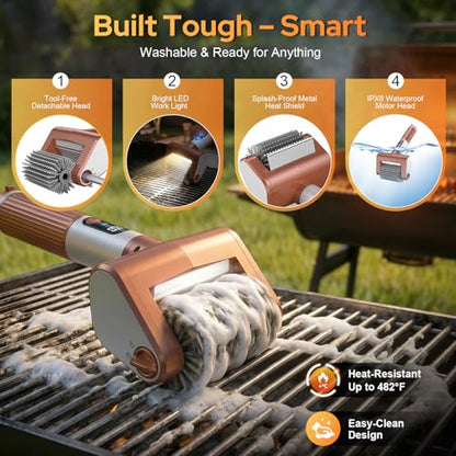 Electric Grill Brush for Outdoor, 2026 BBQ Grill Cleaner with Digital Display, Variable Speed Cordless Grill Brush, Waterproof & Replaceable Heads Grill Cleaning Brush for Barbecue Grates