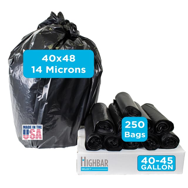 Highbar Select 250 Count, 40-45 Gallon Trash Bags, Heavy Duty Black Bags, Ideal for 39, 40, 42, 45 Gallon - style: 40-45 Gal, 16 Micron Equiv, 250 Count, Black