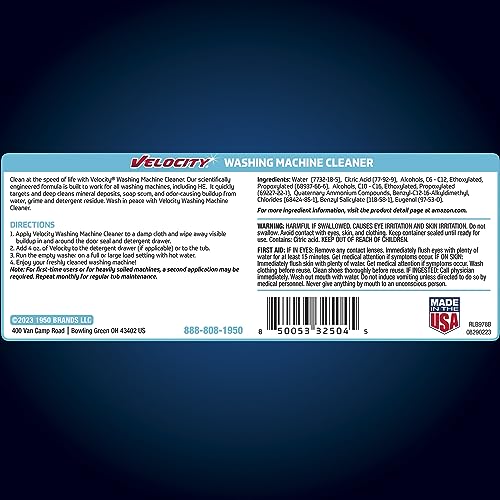 Velocity Washing Machine Cleaner – 4 Uses Per Bottle. Removes Hardwater Stains & Odor-Causing Buildup Inside Drum, Washer Cleaner for All Front & Top Load Washers & High Efficiency Machines