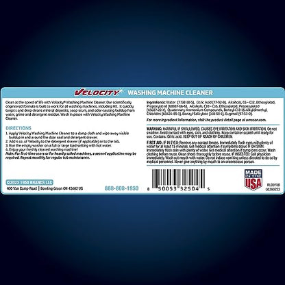 Velocity Washing Machine Cleaner – 4 Uses Per Bottle. Removes Hardwater Stains & Odor-Causing Buildup Inside Drum, Washer Cleaner for All Front & Top Load Washers & High Efficiency Machines