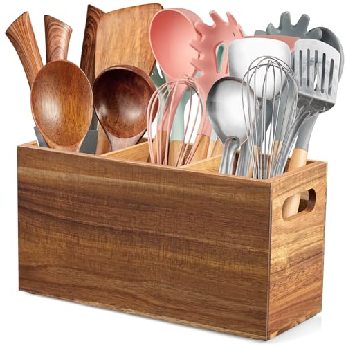 ALELION Acacia Wood Utensil Holder Organizer for Counter - Large Wooden Utensil Caddy for Countertop - 3 Compartment Cooking Tool Holder for Spatula - for Farmhouse Kitchen Decor and Accessories - color: Acacia, size: 3 Compatment