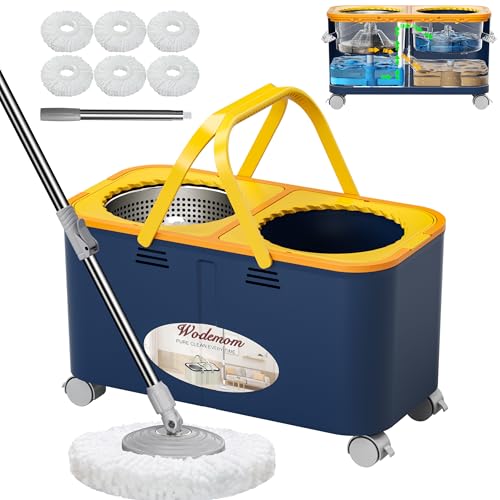 Compact Spin Mop and Bucket with Clean & Dirty Water System, Floor Mop with 360° Swivel Wheels, 61" Handle, 6 Reusable Mop Heads for for Wood, Tile, Vinyl, Baseboards- Blue/Yellow - size: Spin Mop Bucket + 6 Extra Refill